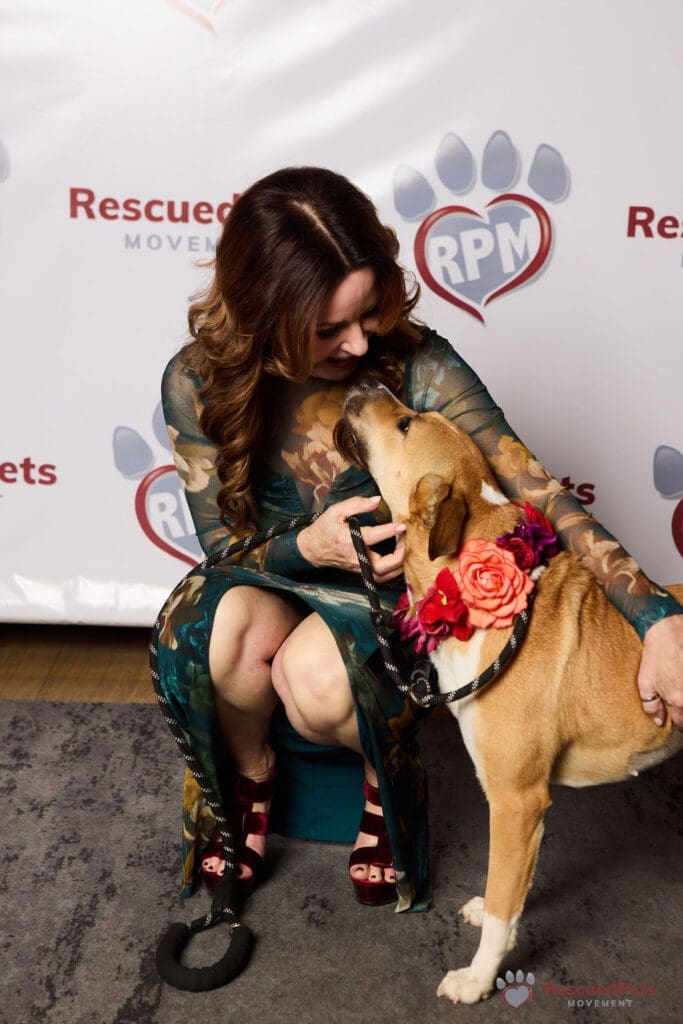 One of the long-standing dedicated volunteers of Rescued Pets Movement Jodie Eisenhardt helps a dog. (Photo by Pam Ashley Photography)