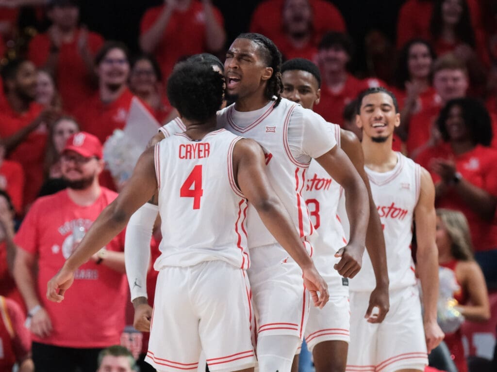 LJ Cryer is becoming a more vocal leader for Houston, pumping up teammates like center Ja'Vier Francis. (Photo by F. Carter Smith)