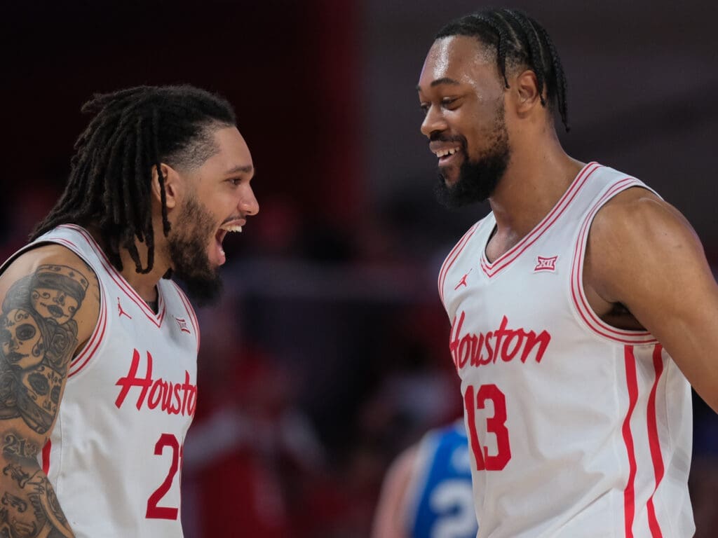 University of Houston guard Emanuel Sharp and forward J'Wan Roberts love playing with each other. (Photo by F. Carter Smith)