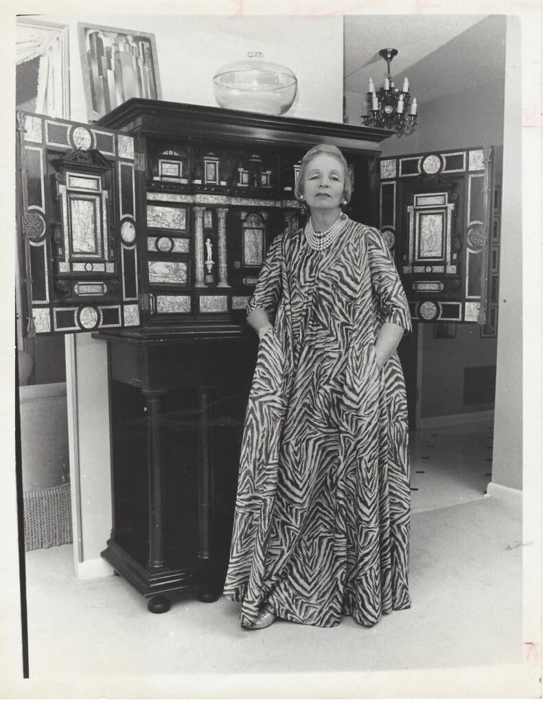 Tamara de Lempicka, n “At Home in Zebra Lamé,” from the Houston Chronicle, May 19, 1965. (From the book Tamara de Lempicka by Gioia Mori and Furio Rinaldi, Yale University Press © 2024. Collection of Richard and Anne Paddy, United States. Photo by Tom Colburn.)