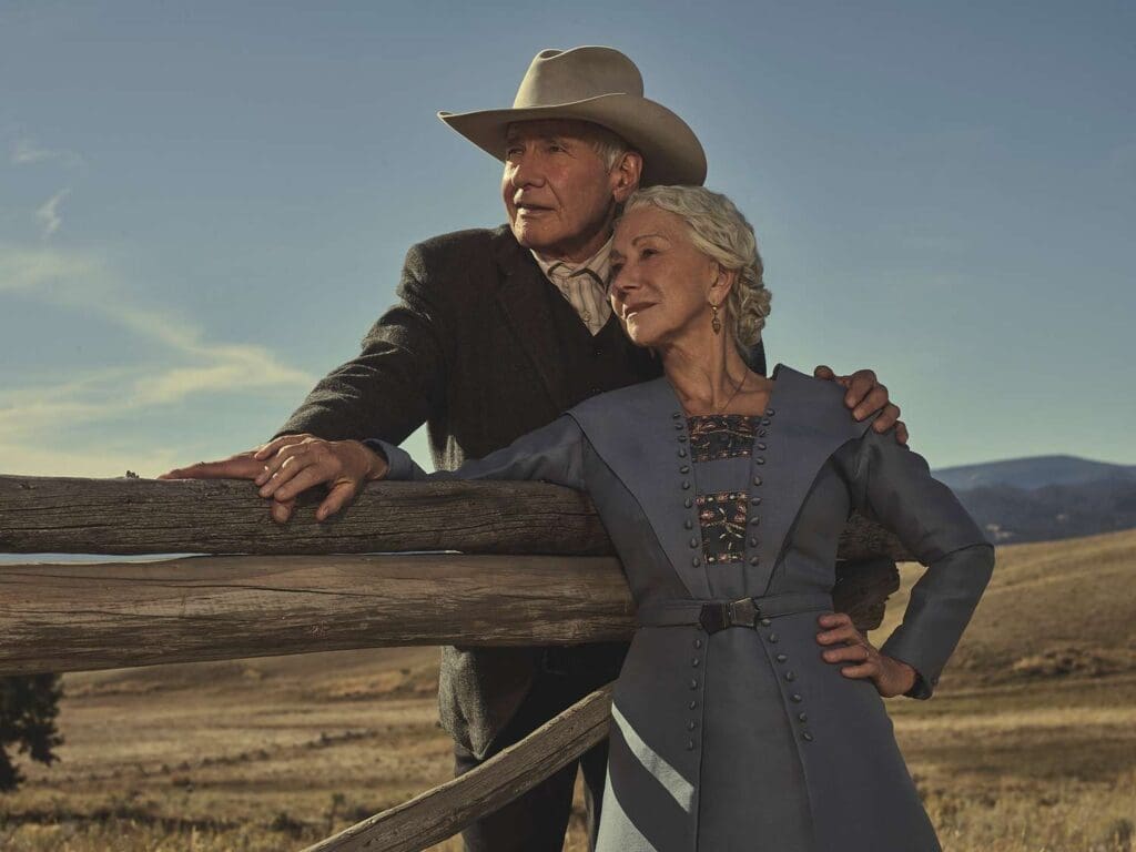 Harrison Ford as Jacob and Helen Mirren as Cara in season 2, episode 4 of "1923." (Photo by James Minchin III/Paramount+)