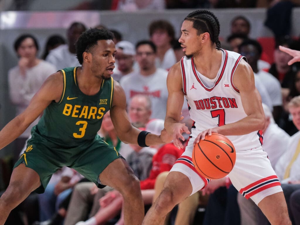 University of Houston point guard Milos Uzan is turning into a turnover allergic Kelvin Sampson point guard. (Photo by F. Carter Smith)