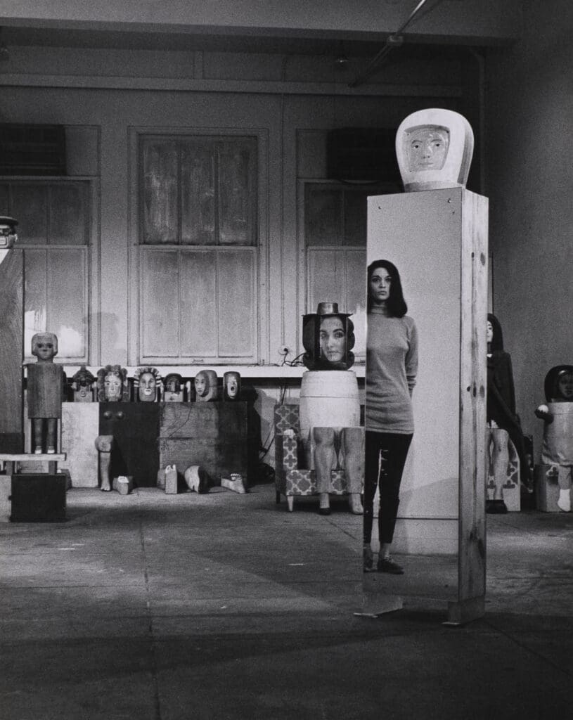 Marisol Escobar with several of her sculptures, 1964. (Photo courtesy of Buffalo AKG Art Museum)