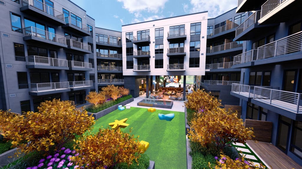 The outdoor green spaces at One Rangers Way provide a serene retreat with lush landscaping, walking paths, and lounge areas just steps from Arlington’s top attractions. (Courtesy)