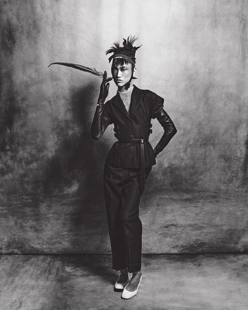 Dior fitted jacket $5,700, fitted pant $2,300, D-Vinity choker $2,400, Aime Dior double headband $470, and long Tribales gloves $1,650 at Dior Highland Park Village.  (Photo by Enmi Yang)