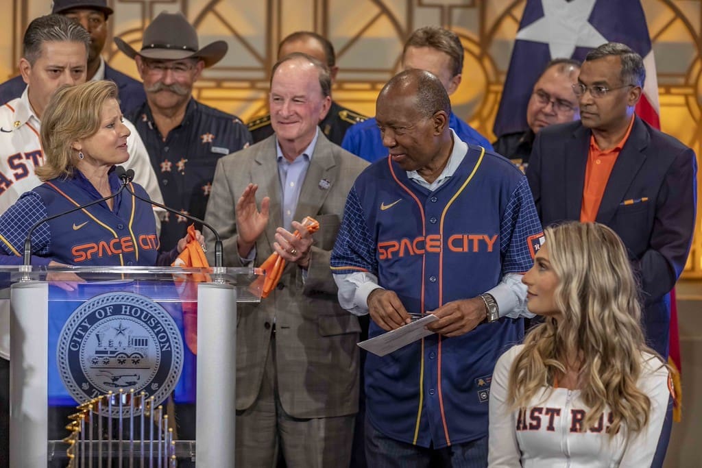 Susan Christian, City Councilman Dave Martin, Mayor Sylvester Turner at the Houston Astros and City of Houston World Series parade news conference at City Hall in 2022.  (Photo by Richard Carson)