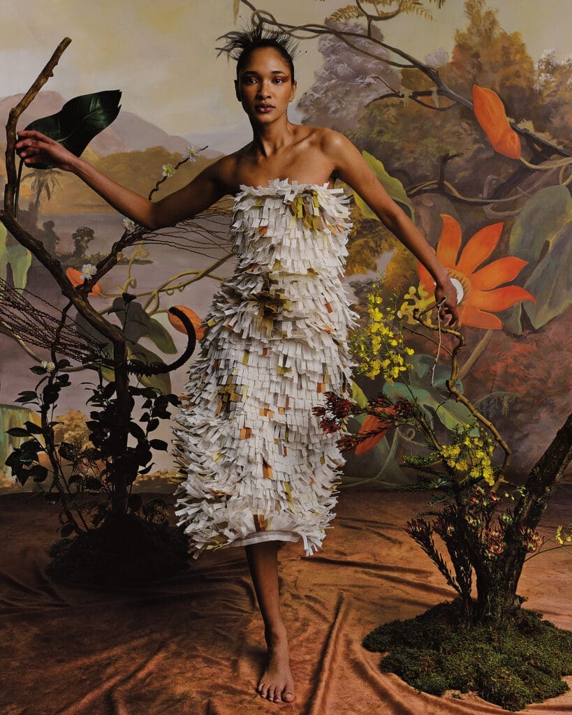 Lafayette 148 New York collaged fringe knit dress $2,998, at Neiman Marcus, modaoperandi.com.  (Photo by Enmi Yang)