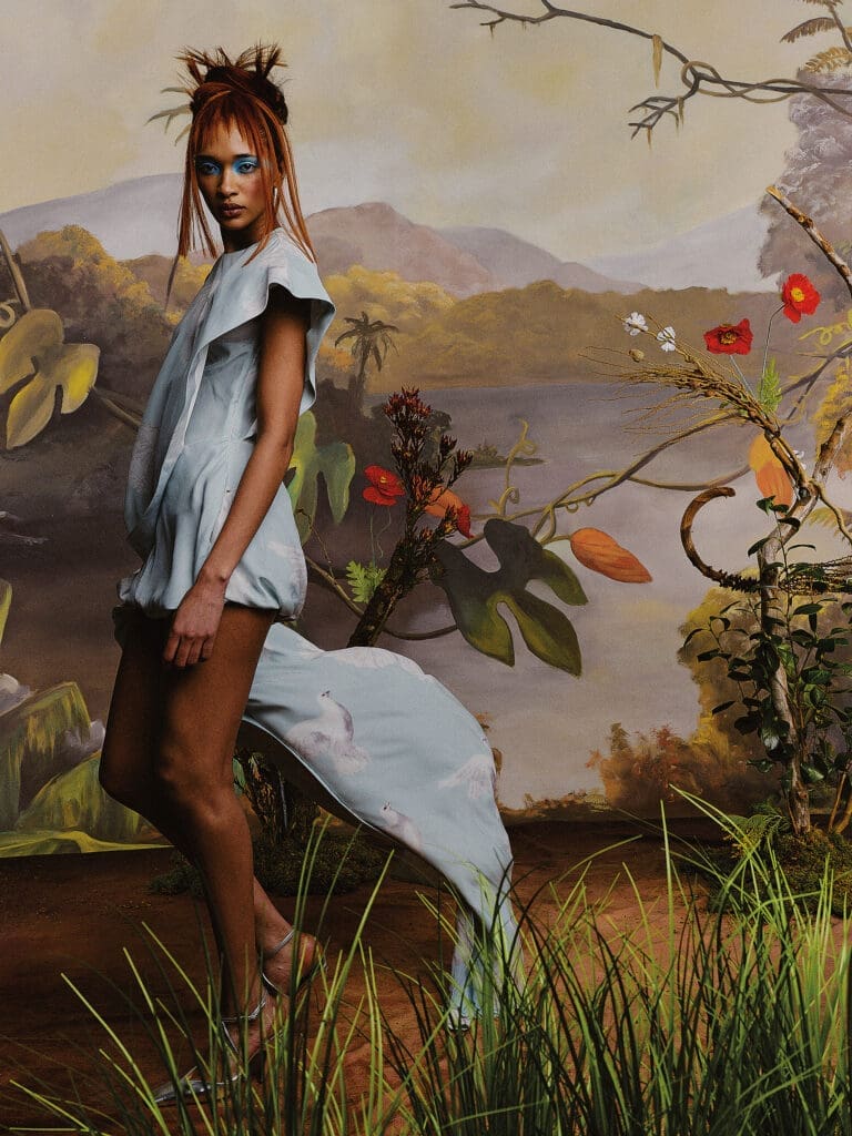 Stella McCartney dove-printed knotted train mini-dress $2,825, and Elsa slingback $860, at Neiman Marcus, Stanley Korshak. (Photo by Enmi Yang)