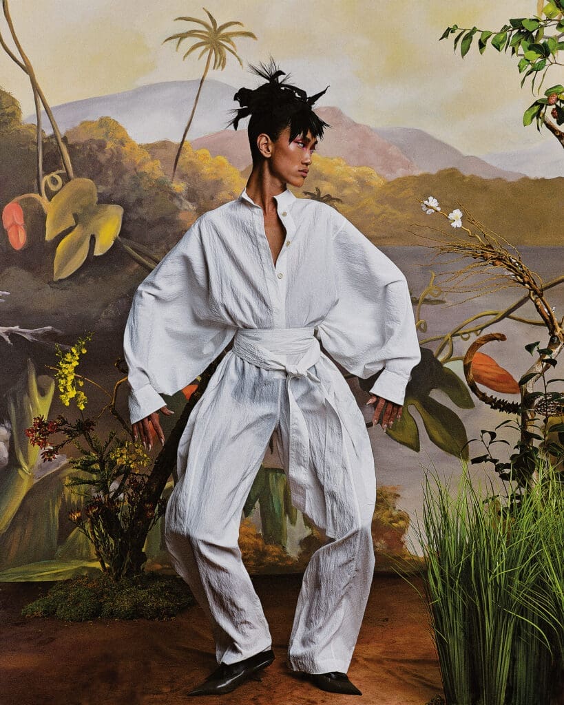 Ferragamo jumpsuit $2,700, and Eva mule $1,450 at the Ferragamo boutique, Neiman Marcus, Saks Fifth Avenue. (Photo by Enmi Yang)
