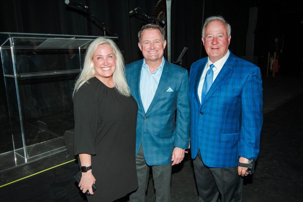 Sonya and Roger Nicholson with Larry Abston at the 2025 Pavilion Partners Wine Dinner. (Photo by The Cynthia Woods Mitchell Pavilion)