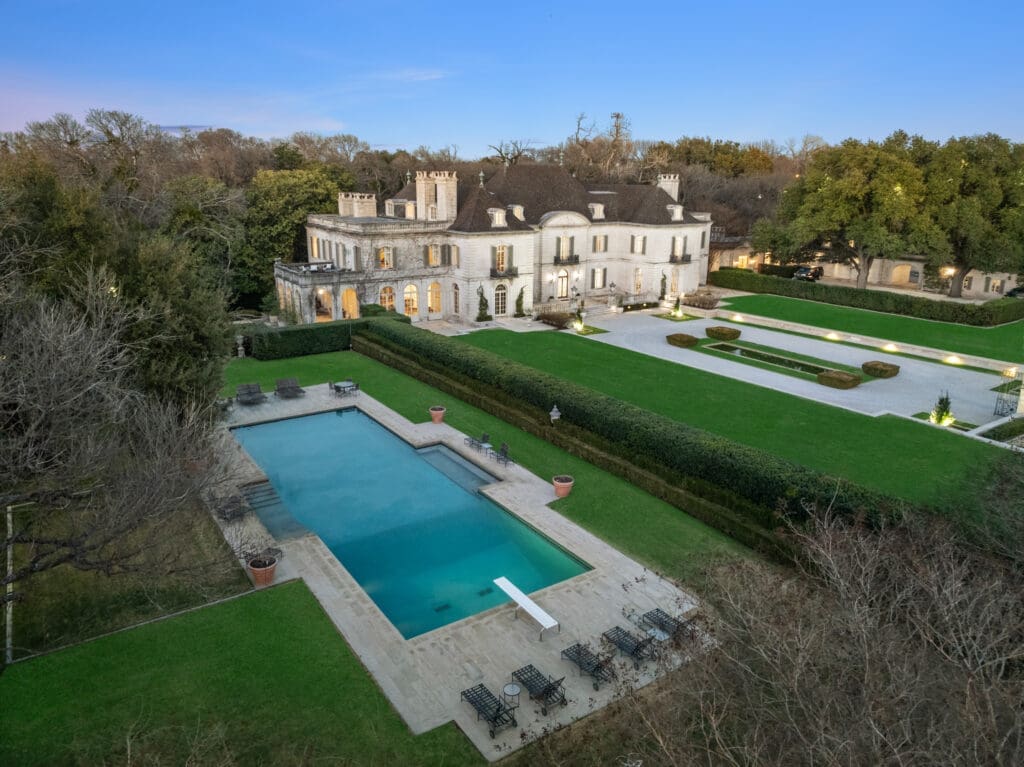 The Crespi Estate obviously contains a ballroom, as well as other Gatsby-adjacent amenities I desire: swimming pool, spa, tennis court, bocce ball court, garden, greenhouse, creek, and heliport.  (Photo by Briggs Freeman Sotheby's International Realty)