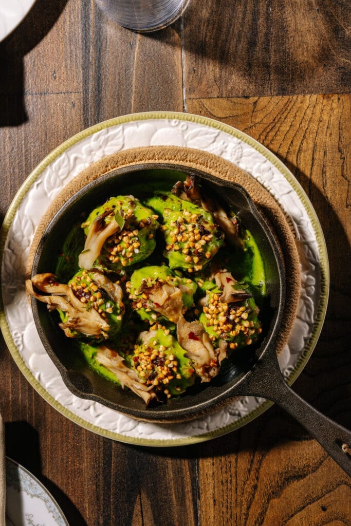 Chef Misti Norris' menu at Far-Out includes an incredible stuffed mushroom dish. (Photo by Paul Torres Garcia at Sobremesa Studios)