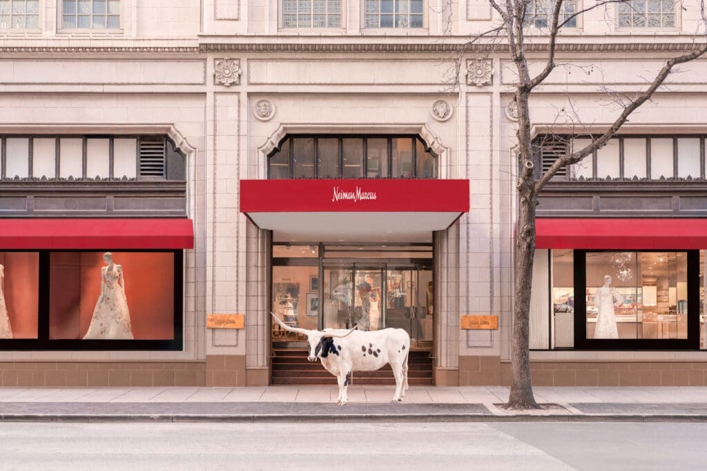 Gray Malin's "Black and White Longhorn, Neiman Marcus, Downtown Dallas," 2025 (Courtesy Gray Malin and Neiman Marcus © Gray Malin)