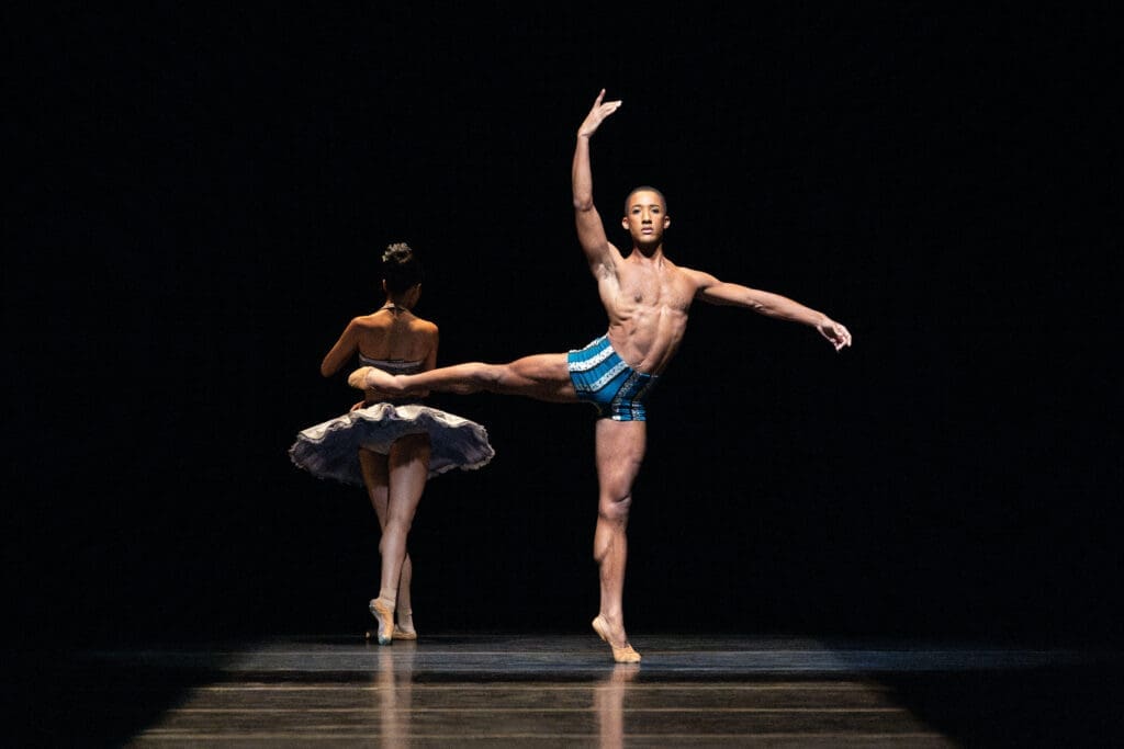 Houston Ballet First Soloist Harper Watters and Artist of Houston Ballet in Stanton Welch’s Tu Tu. 
(Photo by Lawrence Elizabeth Knox (2023) courtesy of Houston Ballet)
