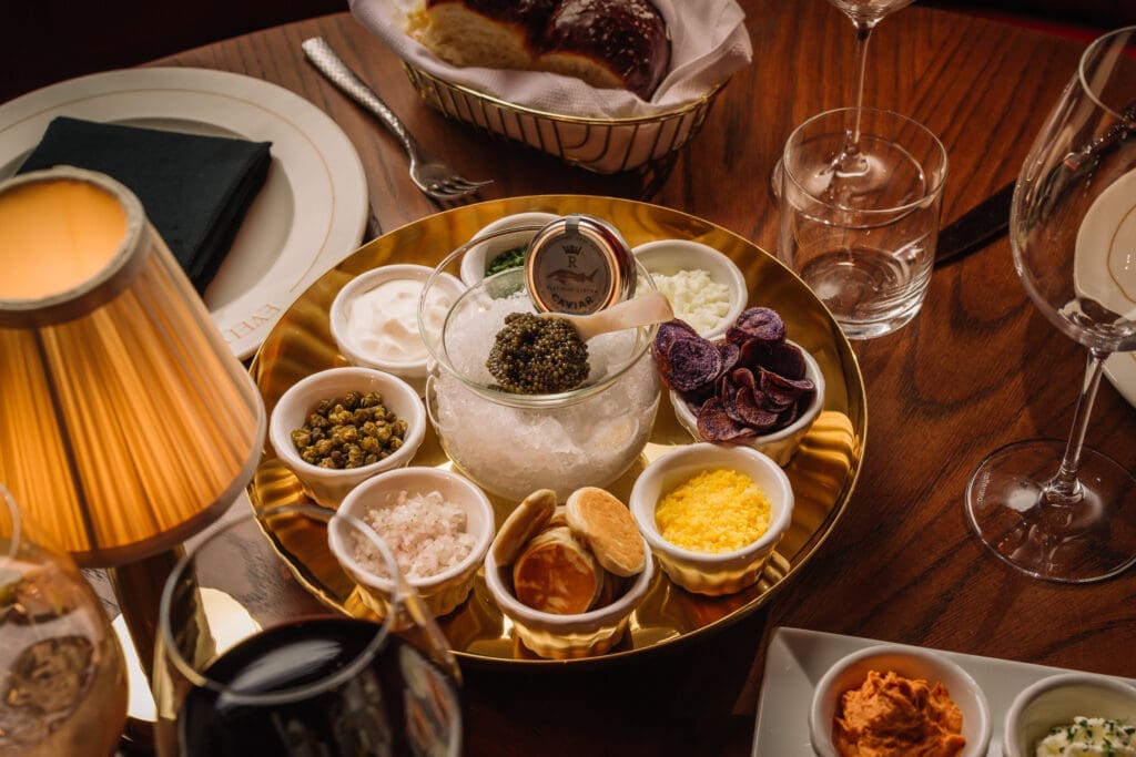 Cavier service at EVELYN features Siberian Baerii, Platinum Osetra, and Golden Osetra. (Photo by Chase Hall)