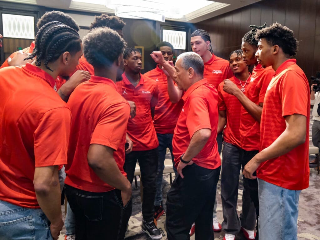 Kelvin Sampson gathered his University of Houston team together to deliver a message after the Selection Sunday show.  (Photo by F. Carter Smith)