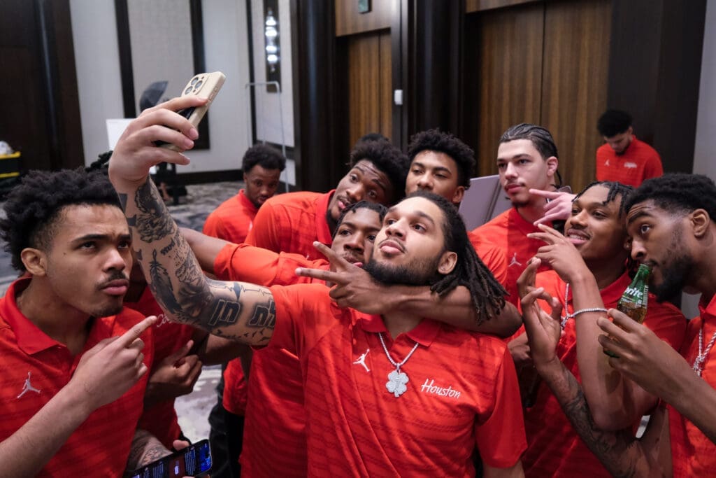 Emanuel Sharp had some fun with his guys on NCAA Tournament Selection Sunday. (Photo by F. Carter Smith)