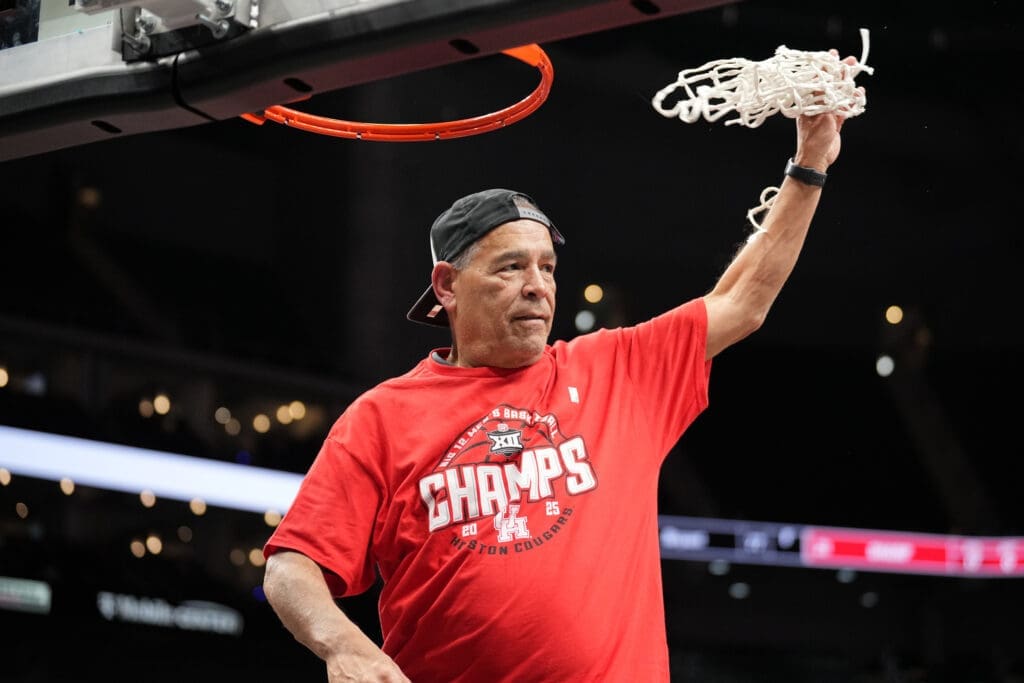 Kelvin Sampson is the king of net cutting for the University of Houston. Now he's about to win his 800th game.
(Photo by Denny Medley/Big 12 Conference)