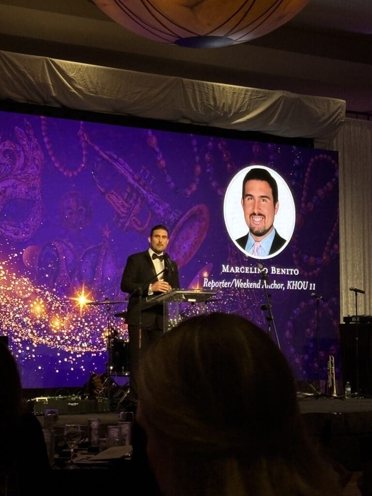 KHOU anchor Marcelino Benito was the emcee for the 2025 Alzheimer's Association's Mardi Gras Memory Ball gala at The Woodlands Waterway Marriott. (Photo by Laura Landsbaum)