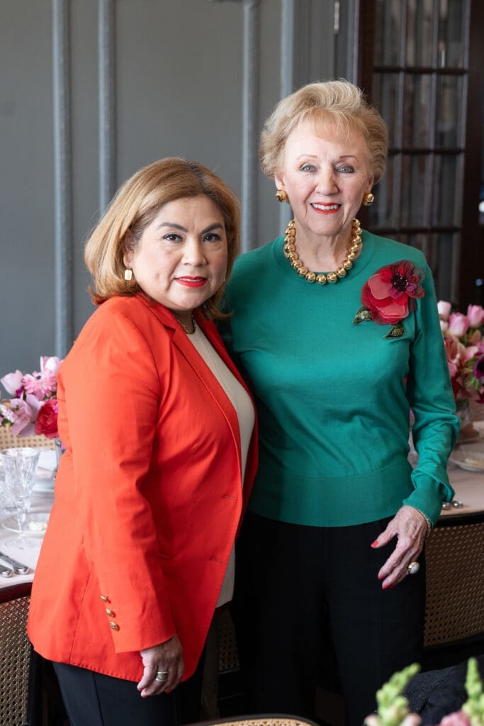 Maria Cedillo, Marguerite Swartz at the Neiman Marcus Roger Vivier luncheon at La Colombe d'Or. (Photo by Wilson Parish)