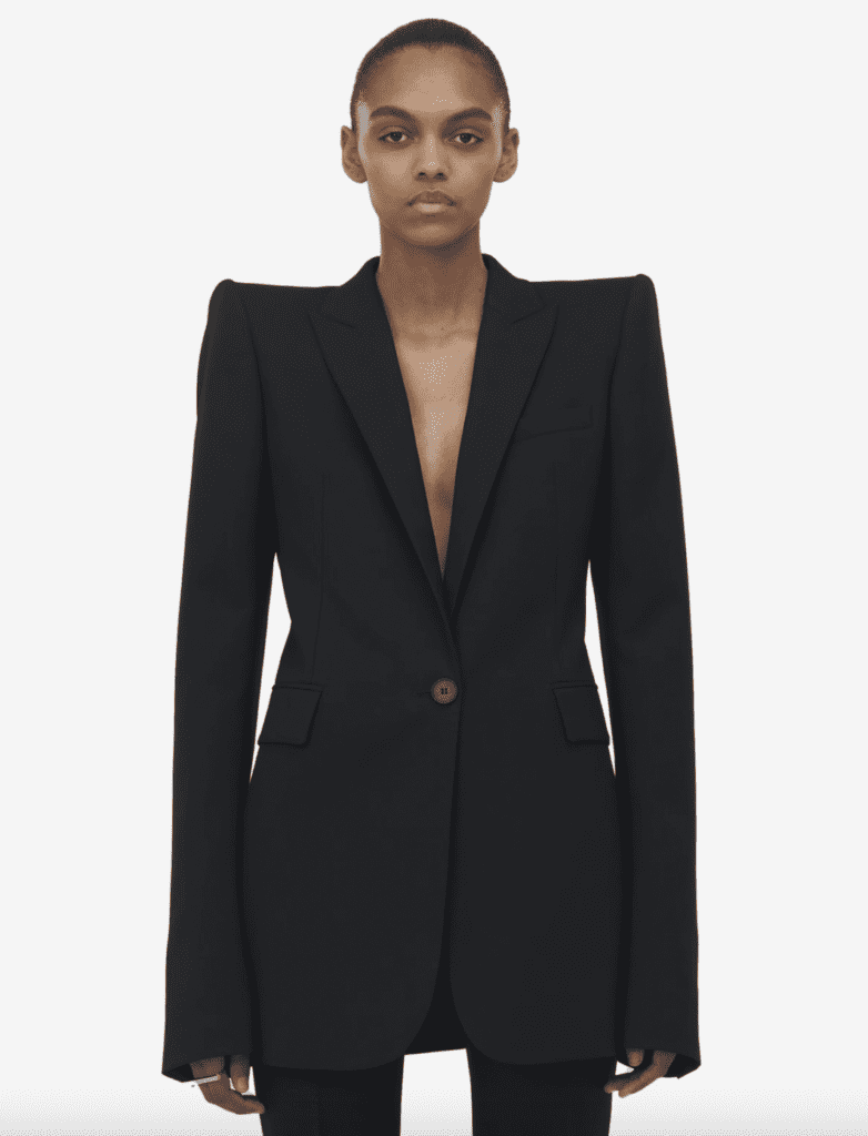 Alexander McQueen Women's Stacked Shoulder Single-Breasted Jacket in Black, $2,890. (Photo by Enmi Yang)