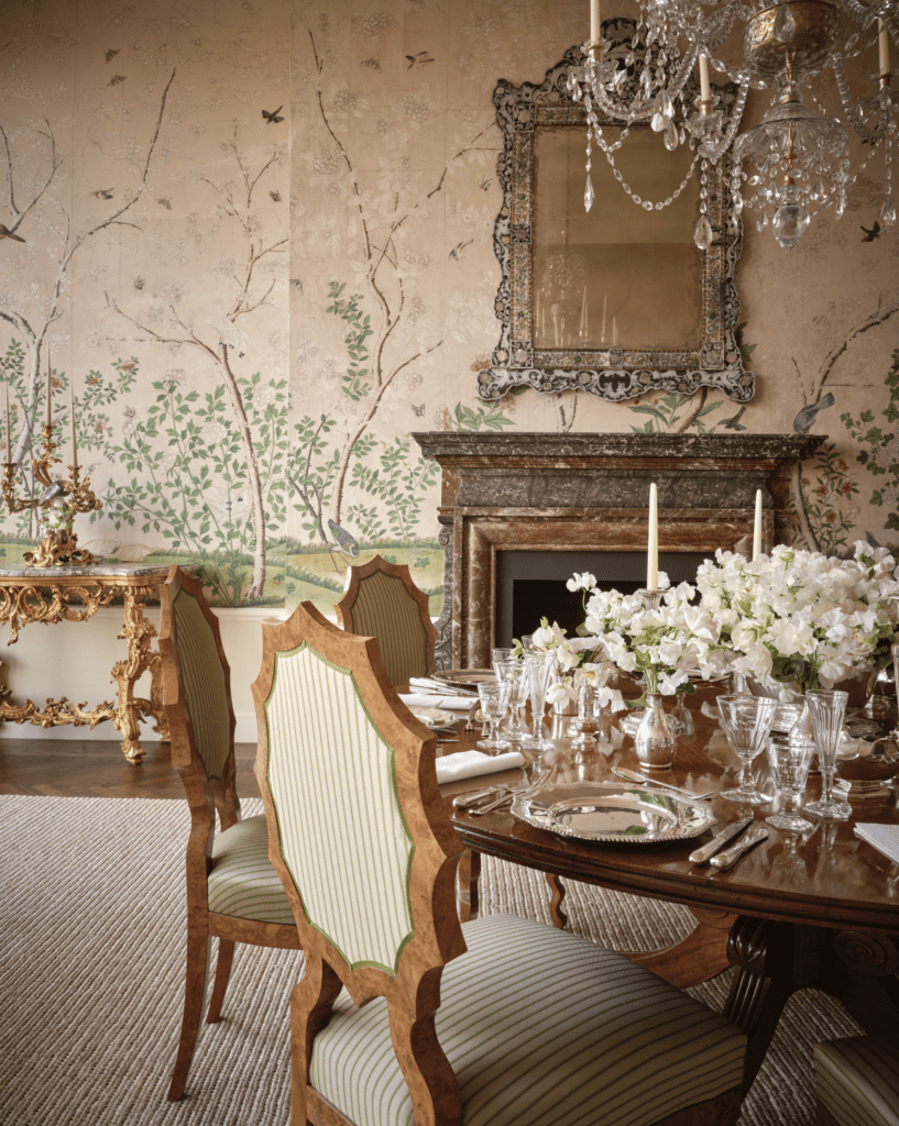 The scenic wallpaper in Aerin Lauder’s Upper East Side apartment dining room dates from the 1700s