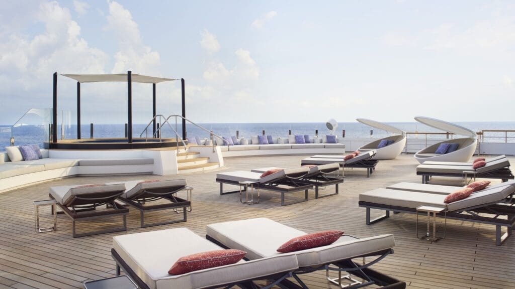 The Spa terrace aboard the Ritz-Carlton yacht Evrima, where full spa servies are offered throughout the cruise.