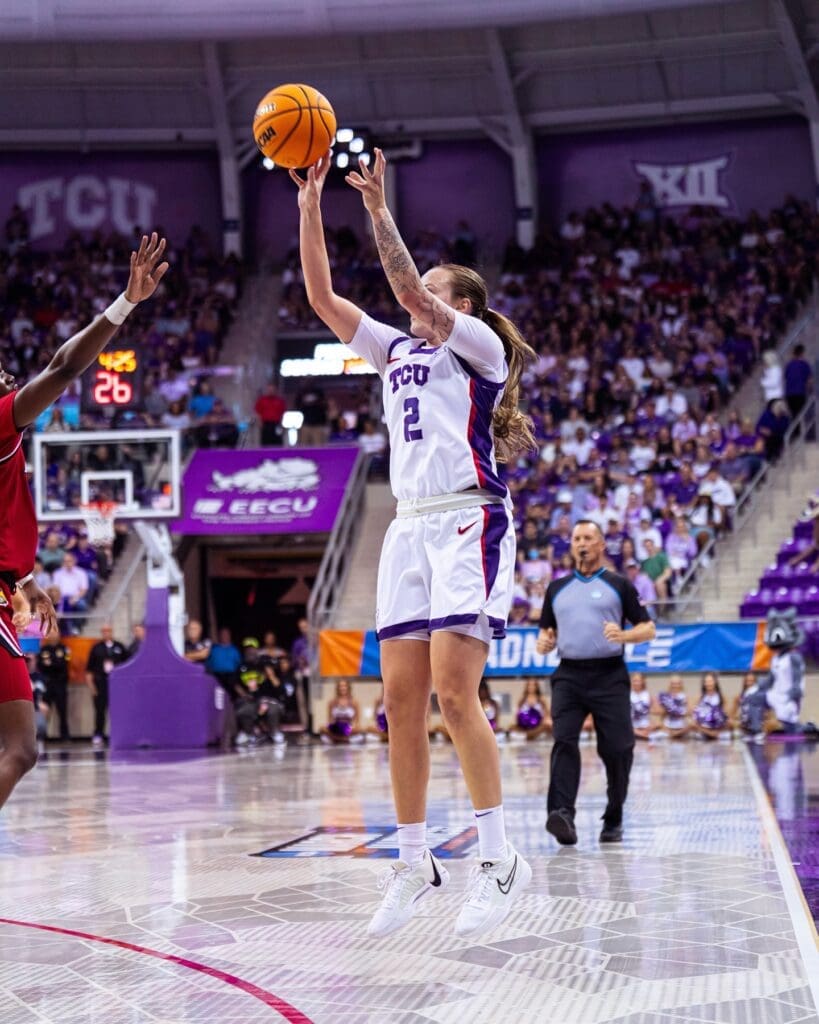 TCU guard Madison Conner elevates for a jump shot during the Horned Frogs' NCAA Tournament matchup at Schollmaier Arena. (Photo by TCU Athletics)
