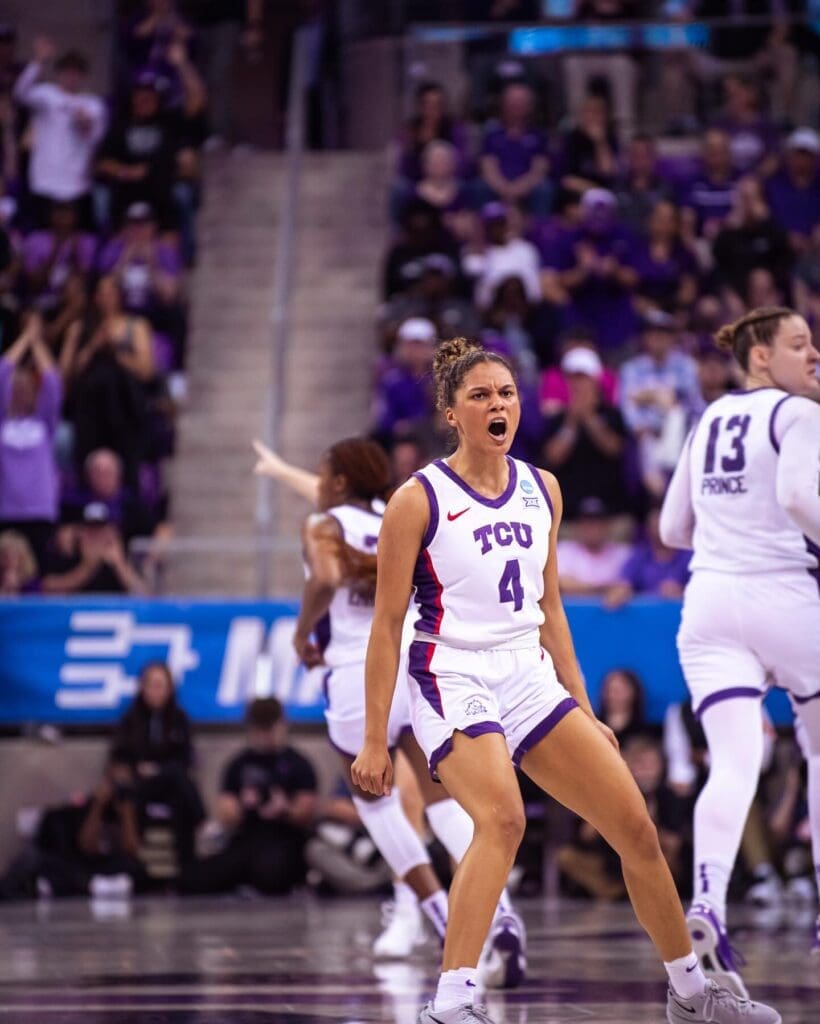 TCU guard Donovyn Hunter celebrates a key play during the Horned Frogs’ NCAA Tournament run at Schollmaier Arena. (Photo by TCU Athletics)
