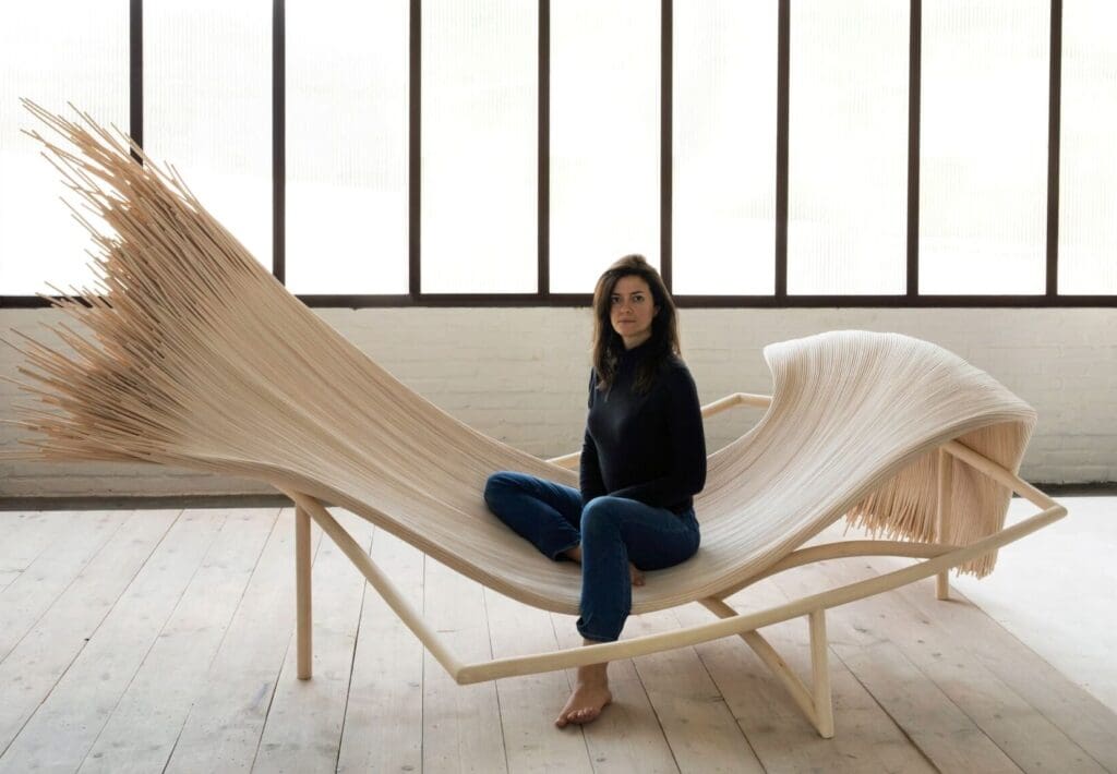 Sculptor Aurélie Hoegy with "Wild Fibers Duchess," 2020 (Photo by Bruno Pellarin)