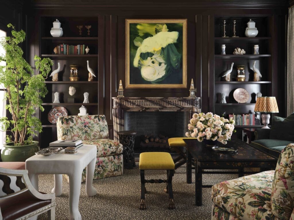 Coffee table from Rose Tarlow Melrose House, antique stools upholstered in Pierre Frey matelassé, John Dickinson plaster table from David Sutherland Showroom. (Photo by Douglas Friedman)