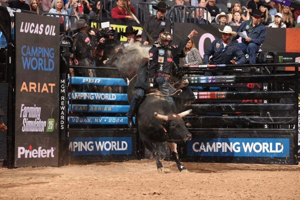 Australian sensation Brady Fielder enters the 2025 PBR World Finals as one of the top-ranked riders in the world and a cornerstone of the Ariat Texas Rattlers. (Photo by Bull Stock Media)