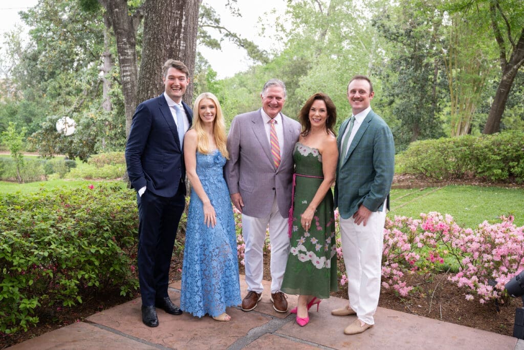 Connor Huff & Alanna Flores, Jim & Cherie Flores, Caldwell Flores at the Bayou Bend Garden party (Photo by Wilson Parish)