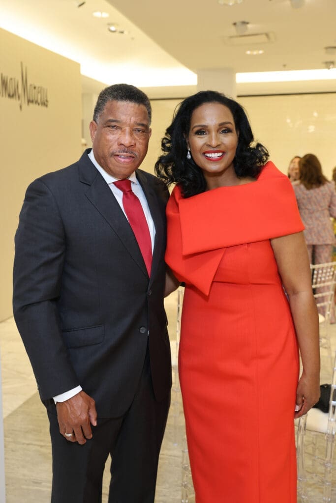 Doug & honoree Winell Herron  at the PaperCity Philanthropy in Fashion Houston Best Dressed announcement party at Neiman Marcus.  (Photo by Priscilla Dickson)