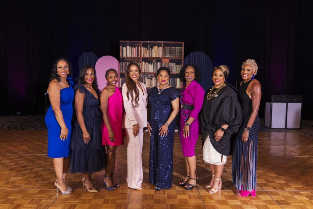 Foundation Chairs Shavonne Spencer and Natashia Douglas, vice president Demonica Amerson, chapter president Freda Knight, national recording secretary Vanessa LaFleur, regional treasurer Jennifer Jackson, Member-at-Large Michon King, and Foundation Co-Chair Nikki Branch make the scene for Jack and Jill’s 2025 Pink and Blue gala at The Woodlands Resort. (Photo by 209 Photo Booth)