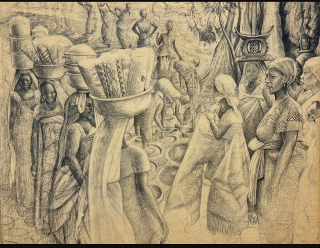 John Biggers' "Untitled (Ghana Harvest Festival Study)," 1960-65, on view at Gensler Houston headquarters. (Courtesy the Guess Lawson Collection)