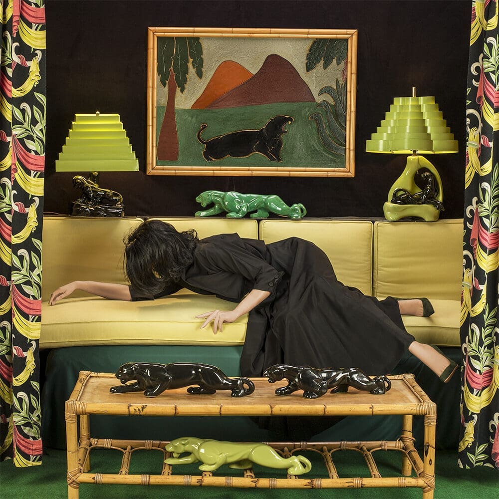 Patty Carroll's "Panther," 2020, at PDNB Gallery. The Chicago-based photographer creates vignettes riffing on domestic tropes of retro femininity.