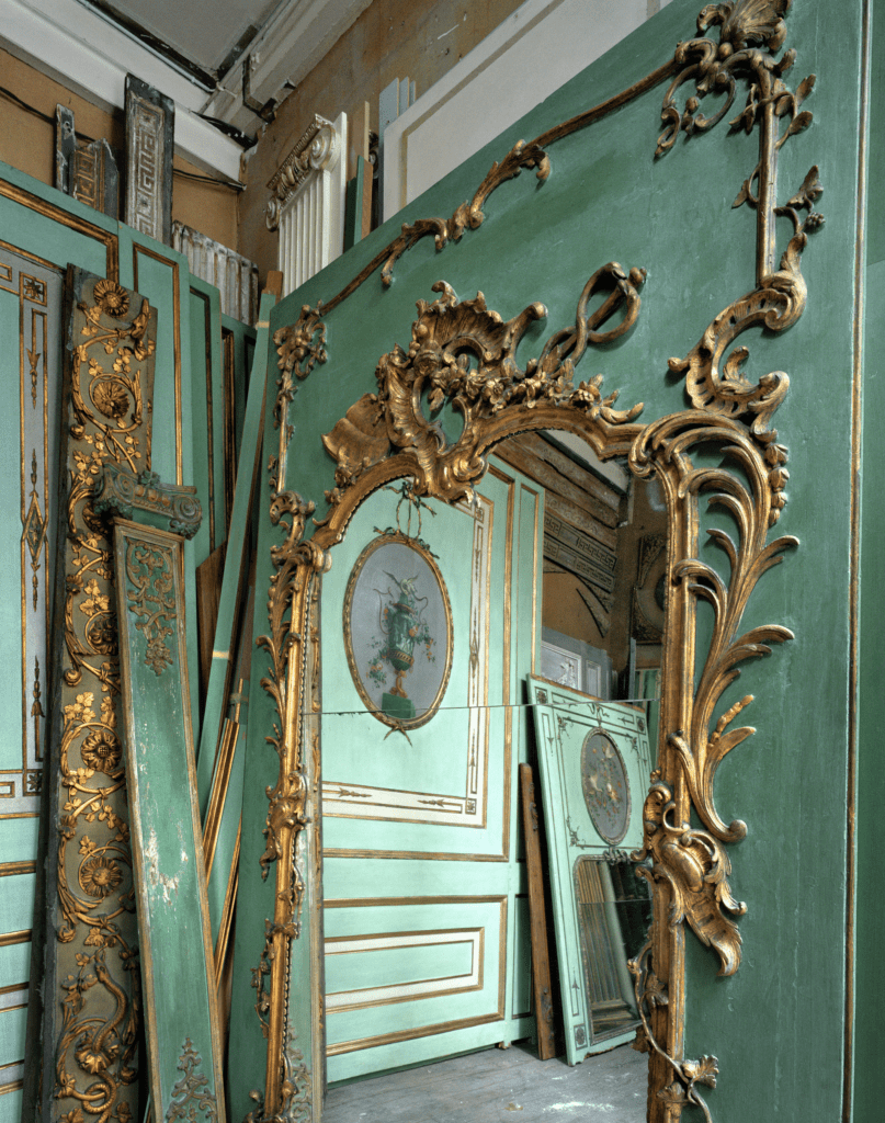 An eighteenth-century Piedmontese decorative scheme reflected in a Viennese trumeau mirror from the Palais Paar in Vienna, at the Féau Boiseries workshop (Photo by Robert Polidori)