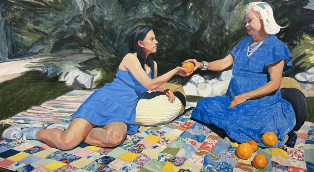 A young woman receives an orange from an elder figure in Ariel Davis’ richly detailed painting Passing of Value of Autonomous Decision-Making, a meditation on legacy, womanhood, and generational wisdom. (Courtesy)