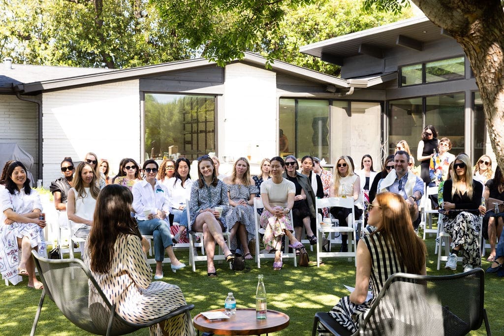Guests gathered in the backyard of Leatherology co-founder Rae Liu for an intimate artist talk with Madeline Donahue and Nina Johnson Gallery. (Photo by Kaitlin Saragusa Photography)