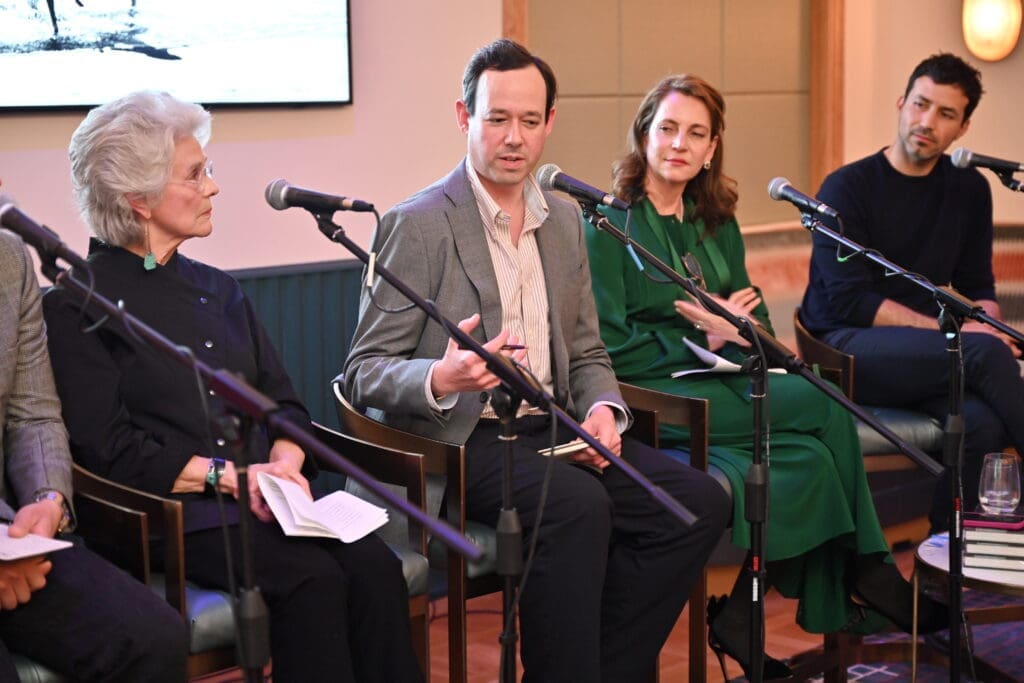 Betty Moody, Nate Freeman, Aliyya Stude, Jesús Alberto Flores in conversation at Untitled Art, Houston VIP Weekend at Park House (Photo by Alex Montoya)