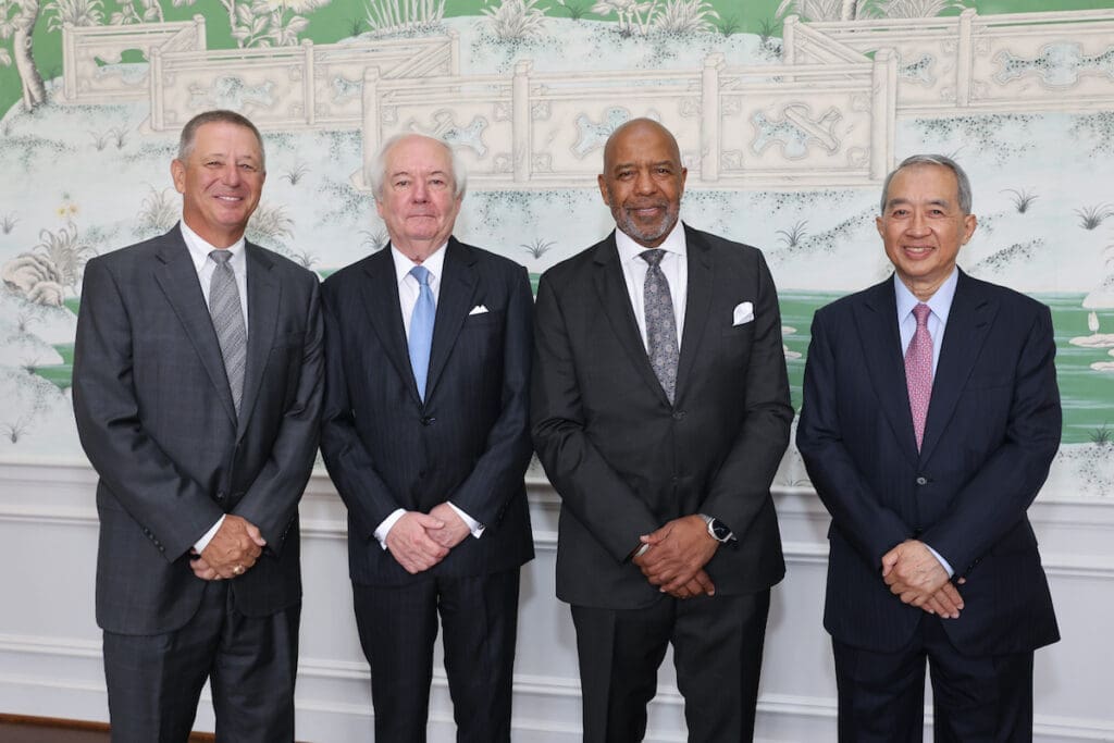 Men of Distinction board chair David Wuthrich with 2025 honorees John Bookout IIIm Dr. Bernard Harris Jr. and Albert Chao at the annual Men of Distinction luncheon. (Photo by Priscilla Dickson)