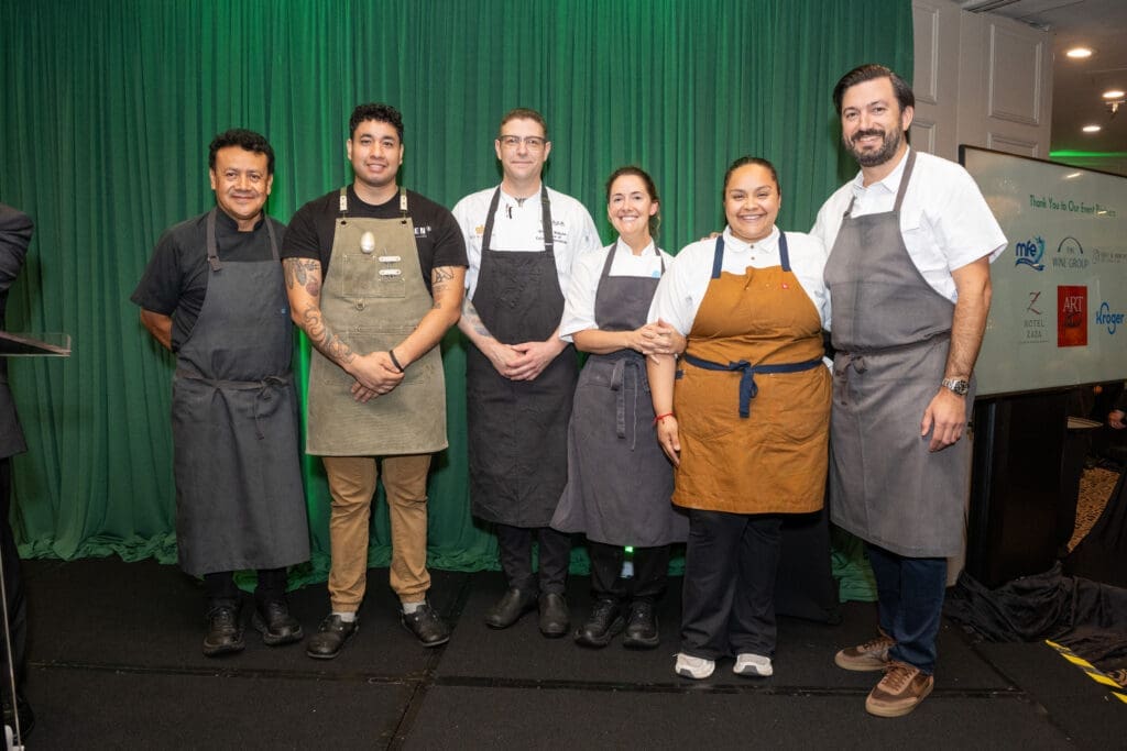 Hugo Ortega, Marcos Juarez, Brandon Wilhelm, Marie Riddle, Evelyn Garcia, Aaron Bludorn at the Houston Food Bank annual Chef's Dinner (Photo by Emily Jaschke)