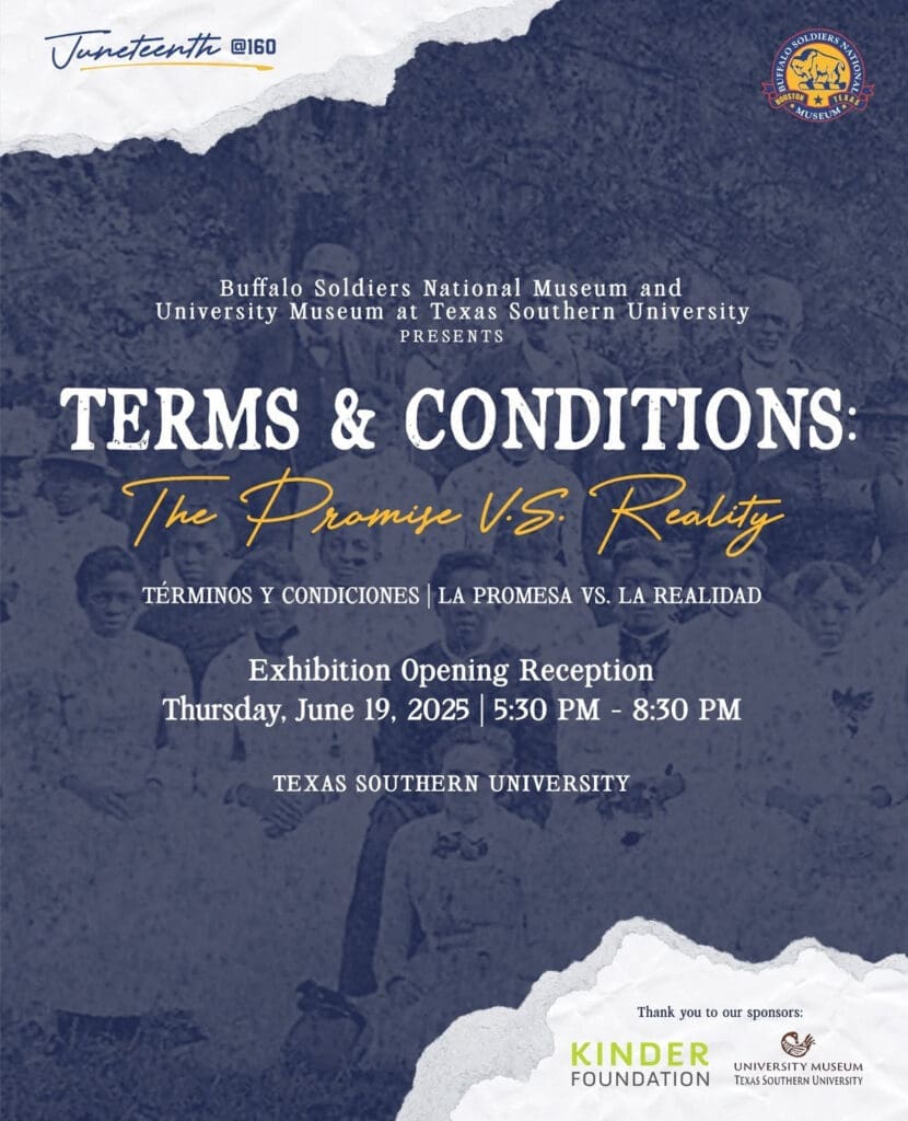 The Juneteenth-themed "Terms and Conditions" exhibition opens at Texas Southern Museum's University Museum on June 19, 2025 from 5:30-8:30 p.m. (Courtesy Seba R. Suber and the Buffalo Soldiers National Museum, Houston)
