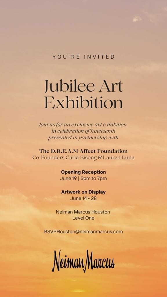 The "Juneteenth: A Celebration of Freedom" exhibition is featured June 19, 2025 at Neiman Marcus in the Galleria, Houston. The exhibition is sponsored by the Bisong Gallery and the D.R.E.A.M. Affect Foundation, which was co-founded by Carla Bisong and Lauren Luna. (Courtesy Carla Bisong and the D.R.E.A.M. Affect Foundation, Houston)