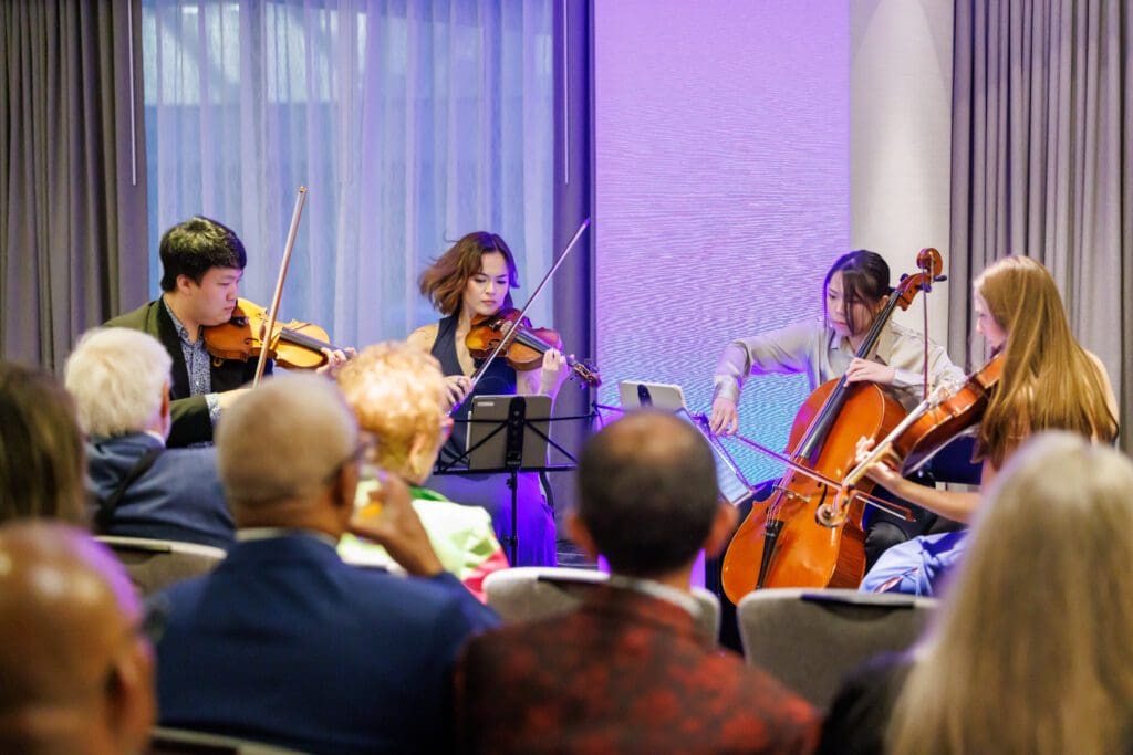 Young Artists Yu-Ming Ma, Astrid Nakamura, Wei-An Hung and Rebecca Benjamin at DACAMERA’s 2025 Music Salons & Supper Club. (Photo by Katy Anderson)