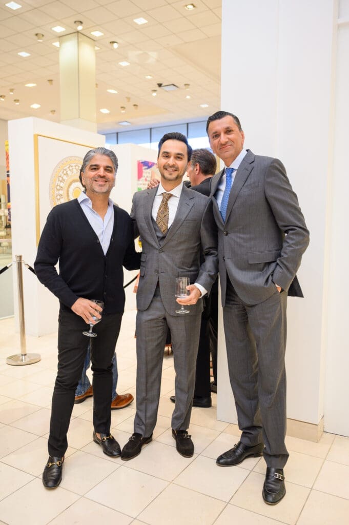 Ahmad Malik, Nick Merchant and Ajay Khurana at Sneha Merchant exhibition at Neiman Marcus (Photo by Si Vo Photography)