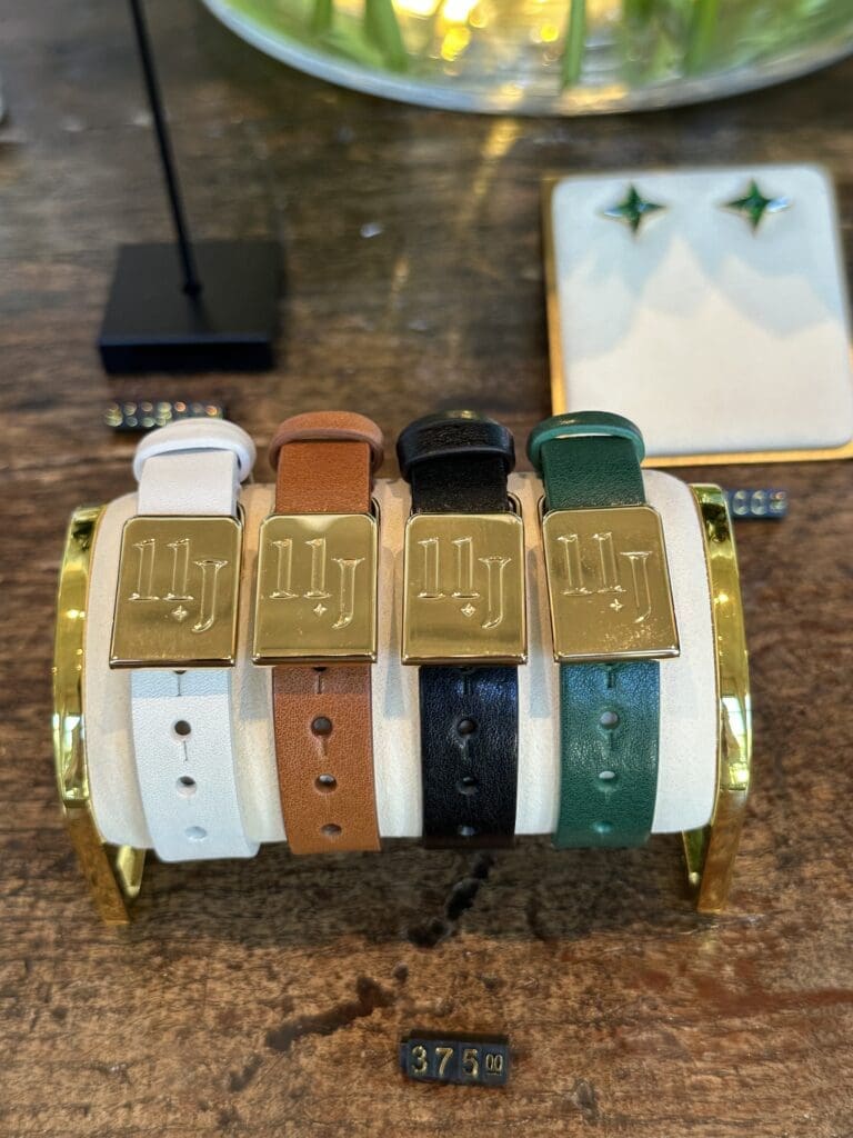 Bracelets in the 11 Juillet collection share the same fine leather and color ways as the handbags.