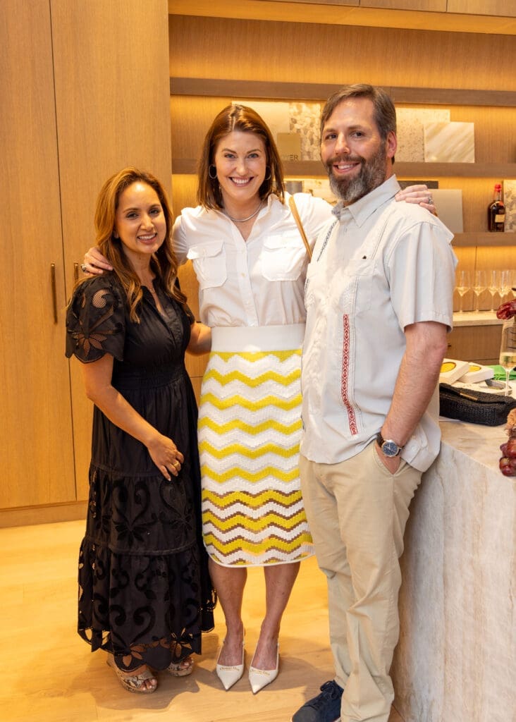 Kasteena Parikh, Courtney Robertson, James Robertson at the Frankel Design Build showroom reveal party (Photo by Chloe Kissner)