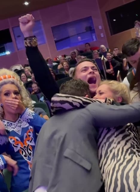 Michael Pixton reacts after learning he won first place at the 2025 World Irish Dance Championships in Dublin. (Photo by Cass-Barrington Academy)